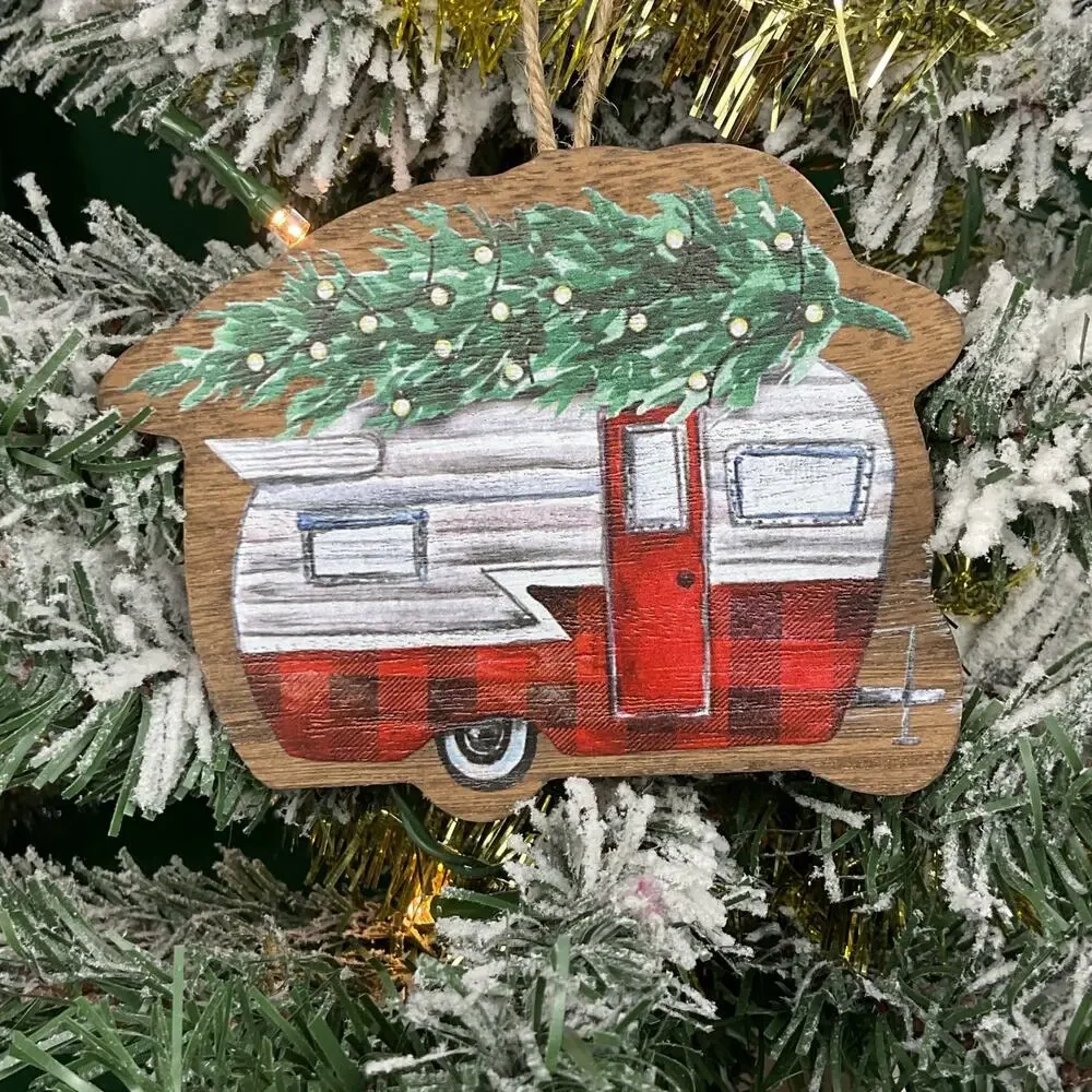 Vintage Camper Wooden Christmas Ornament - Red Buffalo Plaid RV with Tree